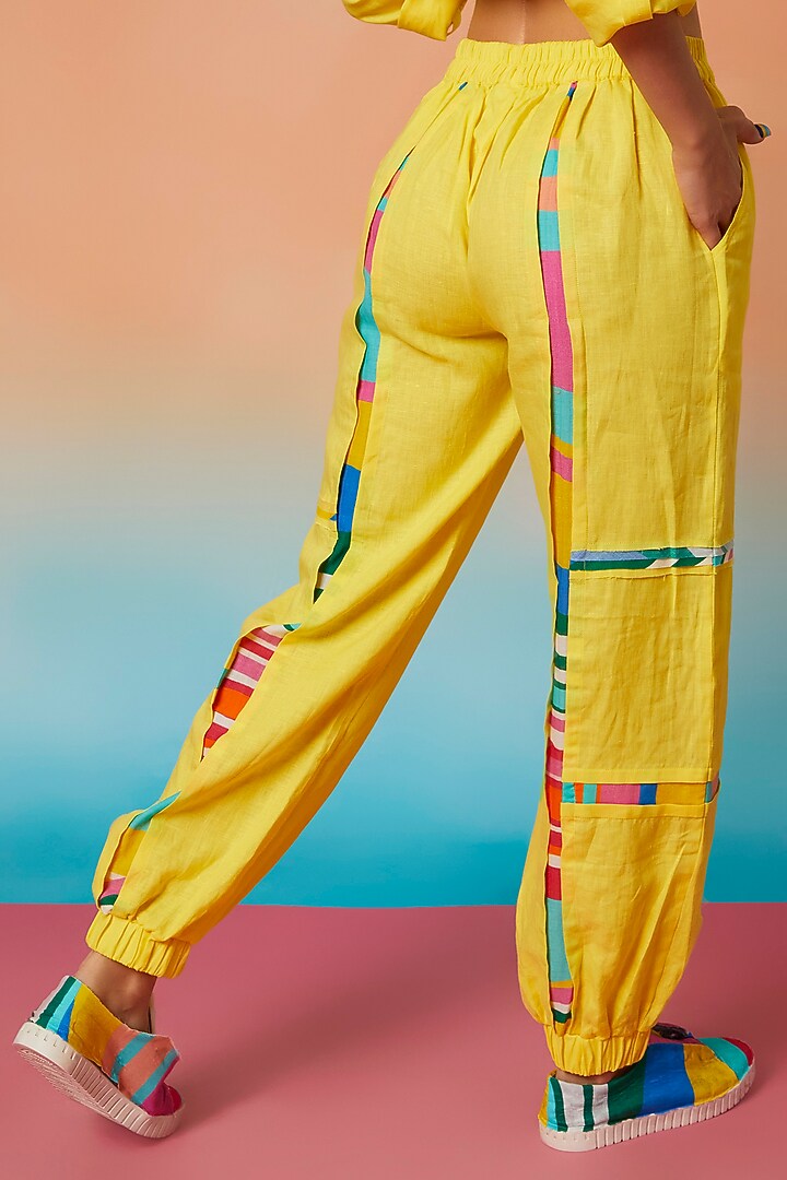 Yellow Linen Two Striped Jogger Pants by Wendell Rodricks at