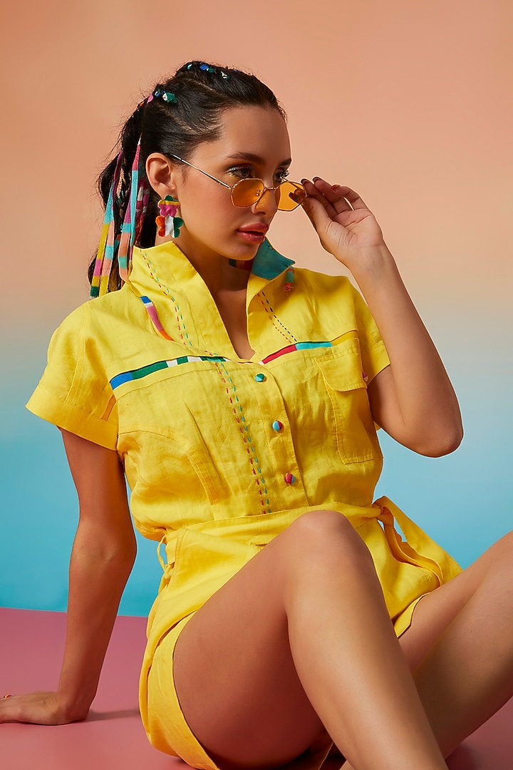 Yellow Linen Romper by Wendell Rodricks at Pernia's Pop Up Shop