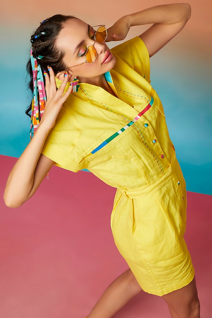 Yellow Linen Romper by Wendell Rodricks at Pernia's Pop Up Shop
