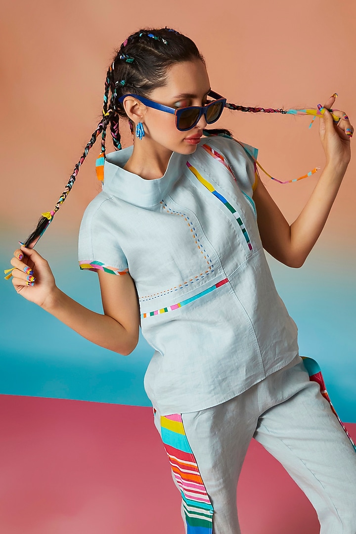 Pale Blue Linen Collar Top by Wendell Rodricks at Pernia's Pop Up Shop