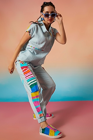 Pale Blue Side Flap Jogger Pants by Wendell Rodricks