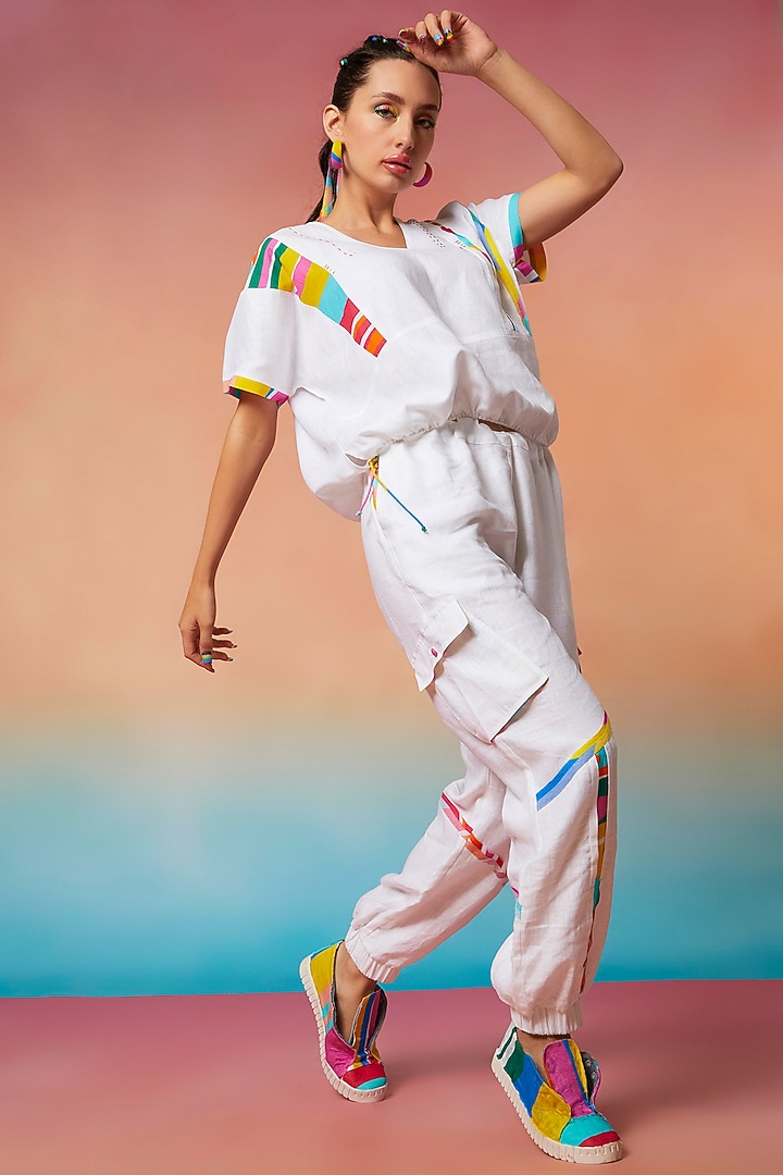White Linen Kimono Top & Patch Pocket Joggers by Wendell Rodricks at Pernia's Pop Up Shop