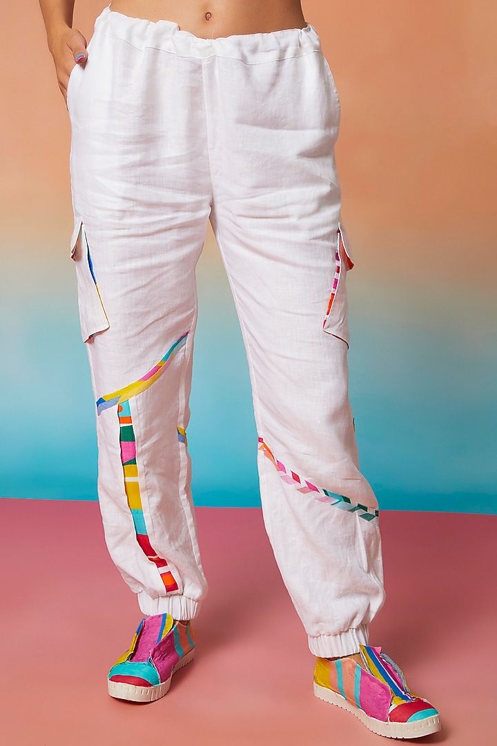 White Linen Kimono Top & Patch Pocket Joggers by Wendell Rodricks at Pernia's Pop Up Shop