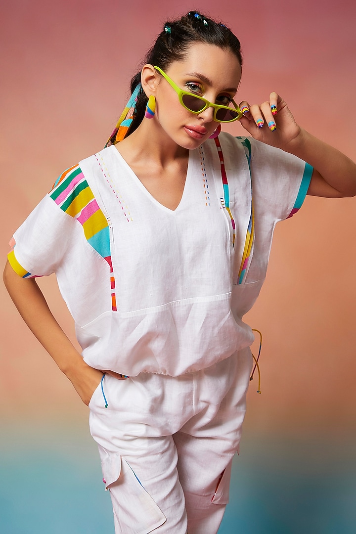 White Linen Kimono Top & Patch Pocket Joggers by Wendell Rodricks at Pernia's Pop Up Shop