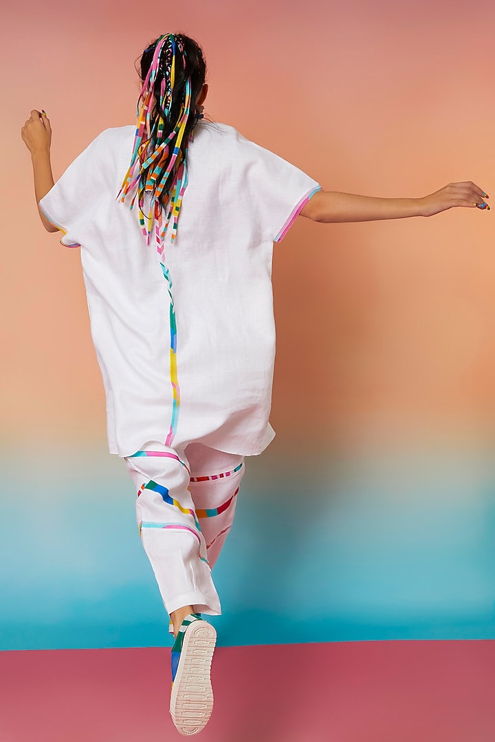 White Linen Kaftan & Three Stripes With Pleat Joggers by Wendell Rodricks at Pernia's Pop Up Shop