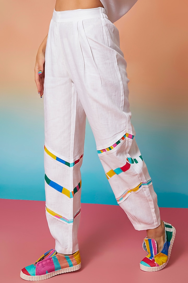 White Linen Kaftan & Three Stripes With Pleat Joggers by Wendell Rodricks at Pernia's Pop Up Shop