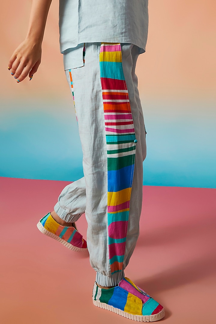 Pale Blue Linen Collar Top & Side Flap Joggers by Wendell Rodricks at Pernia's Pop Up Shop