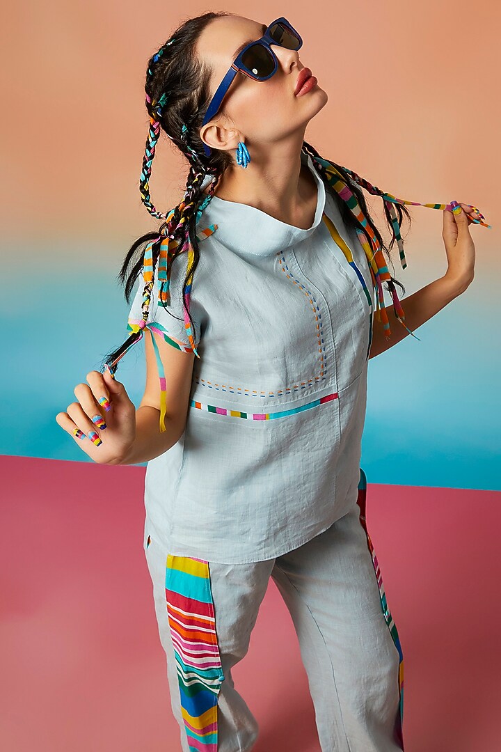 Pale Blue Linen Collar Top & Side Flap Joggers by Wendell Rodricks at Pernia's Pop Up Shop