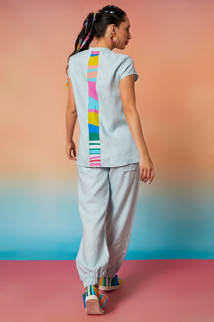 Pale Blue Yoke Top & Side Striped Joggers by Wendell Rodricks at Pernia's Pop Up Shop