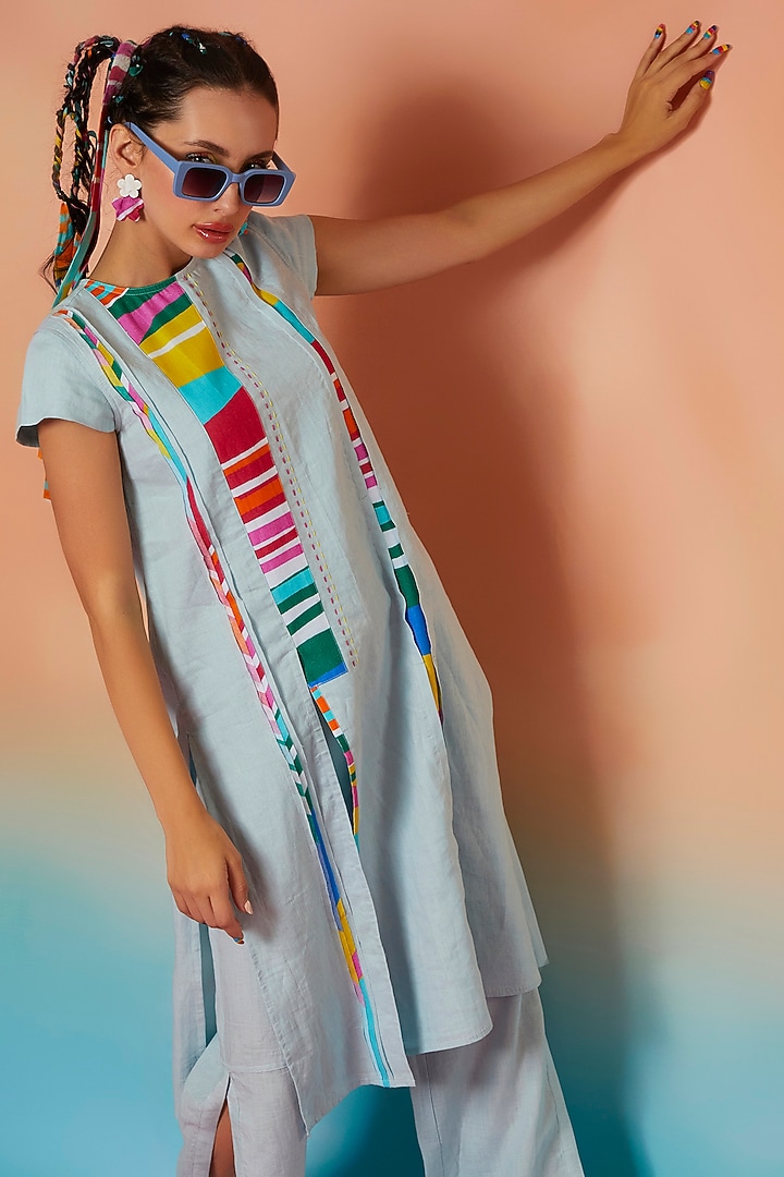 Pale Blue Linen High Slit Tunic & Side Slit Pants by Wendell Rodricks at Pernia's Pop Up Shop