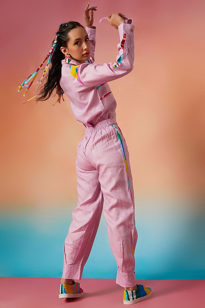Lavender Linen Shoulder Patch Shirt & Pleated Striped Joggers by Wendell Rodricks at Pernia's Pop Up Shop