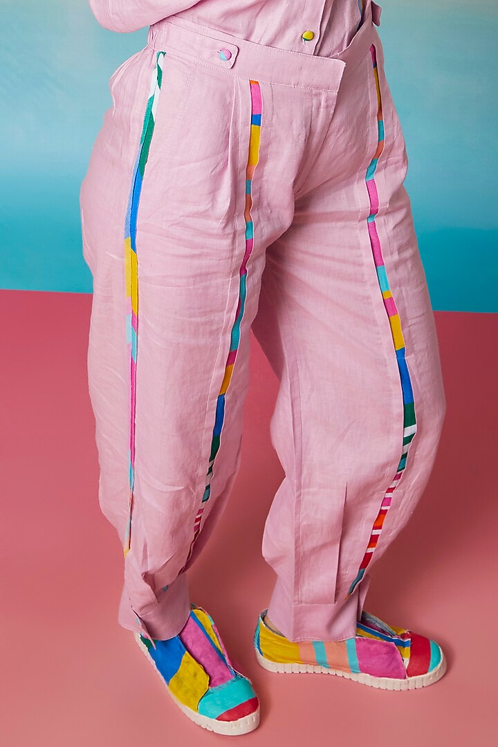Lavender Linen Shoulder Patch Shirt & Pleated Striped Joggers by Wendell Rodricks at Pernia's Pop Up Shop