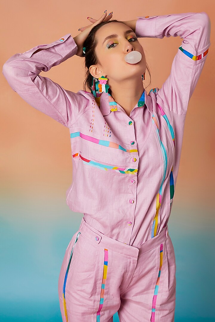 Lavender Linen Shoulder Patch Shirt & Pleated Striped Joggers by Wendell Rodricks at Pernia's Pop Up Shop