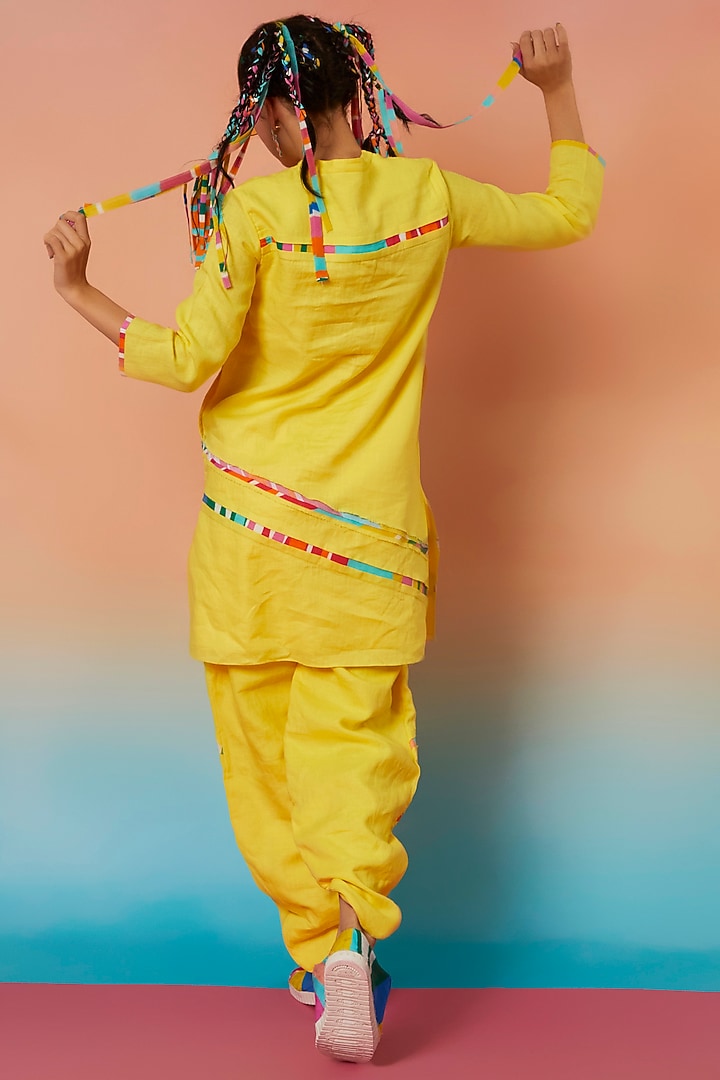 Yellow Linen Band Collar Kurta & Striped Dhoti Pants by Wendell Rodricks at Pernia's Pop Up Shop