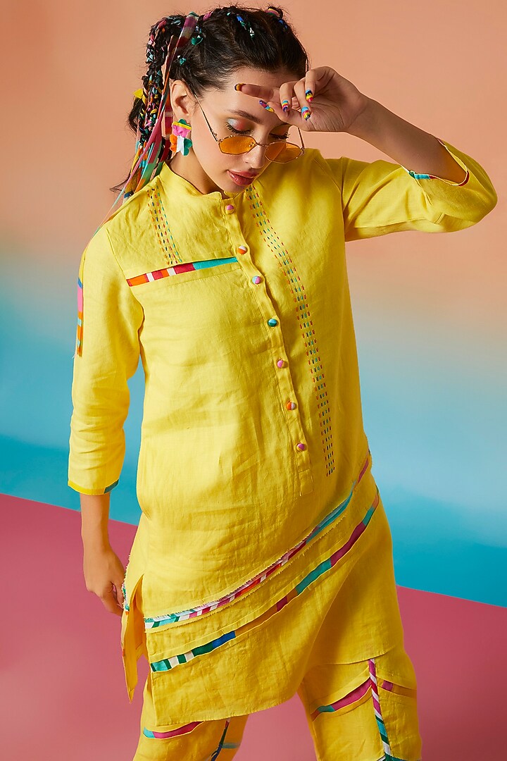 Yellow Linen Band Collar Kurta & Striped Dhoti Pants by Wendell Rodricks at Pernia's Pop Up Shop