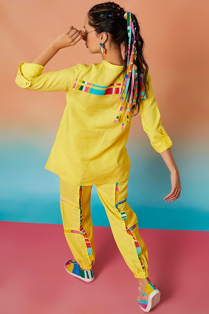 Yellow Linen Band Collar Top & Two Striped Joggers by Wendell Rodricks at Pernia's Pop Up Shop
