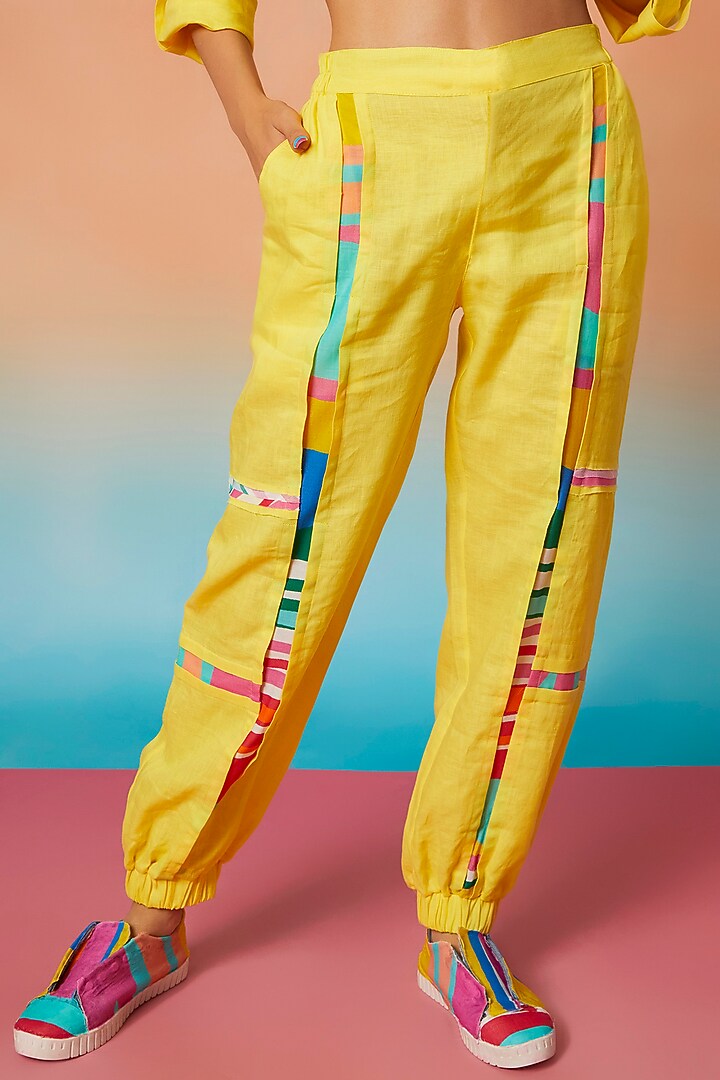 Yellow Linen Band Collar Top & Two Striped Joggers by Wendell Rodricks at Pernia's Pop Up Shop