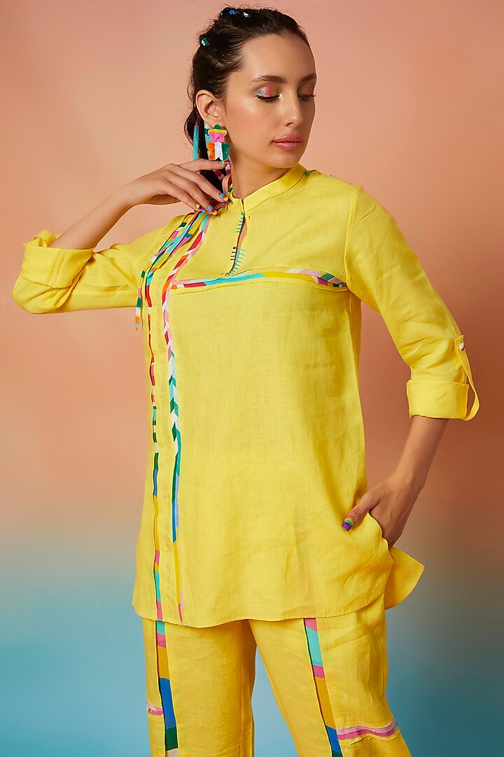 Yellow Linen Band Collar Top & Two Striped Joggers by Wendell Rodricks at Pernia's Pop Up Shop