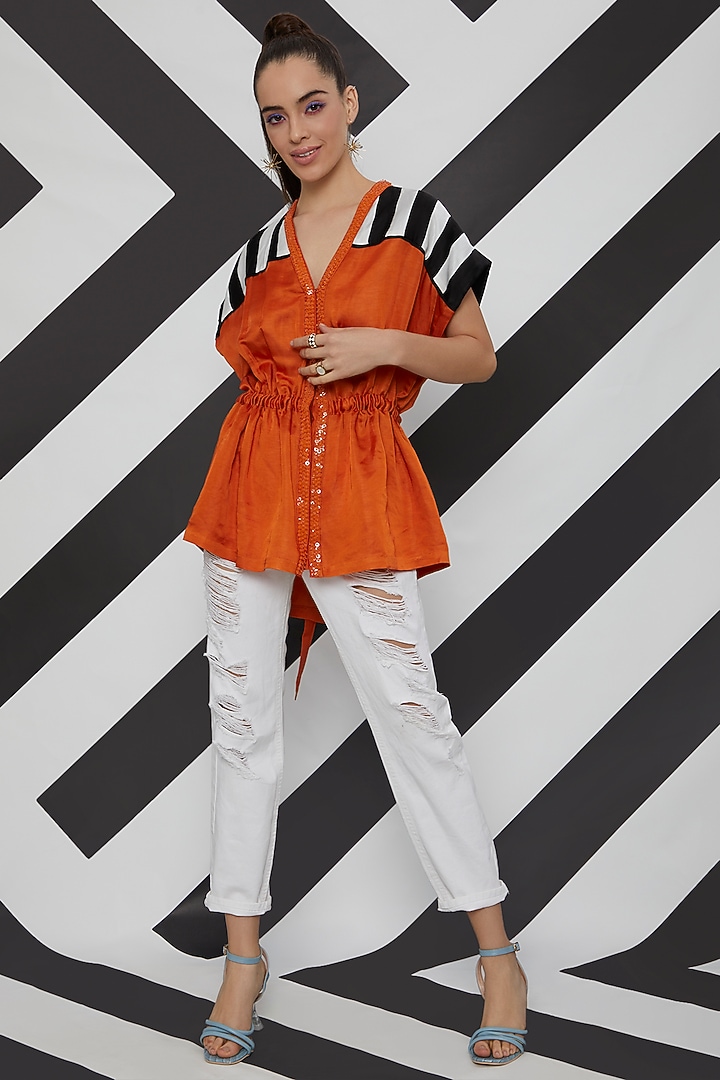 Orange Striped Kaftan Top by Wendell Rodricks at Pernia's Pop Up Shop