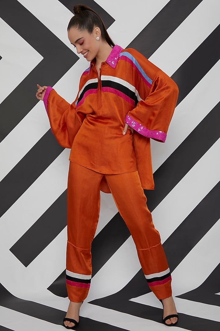 Orange Satin Linen Color-Blocked Co-Ord Set by Wendell Rodricks at Pernia's Pop Up Shop