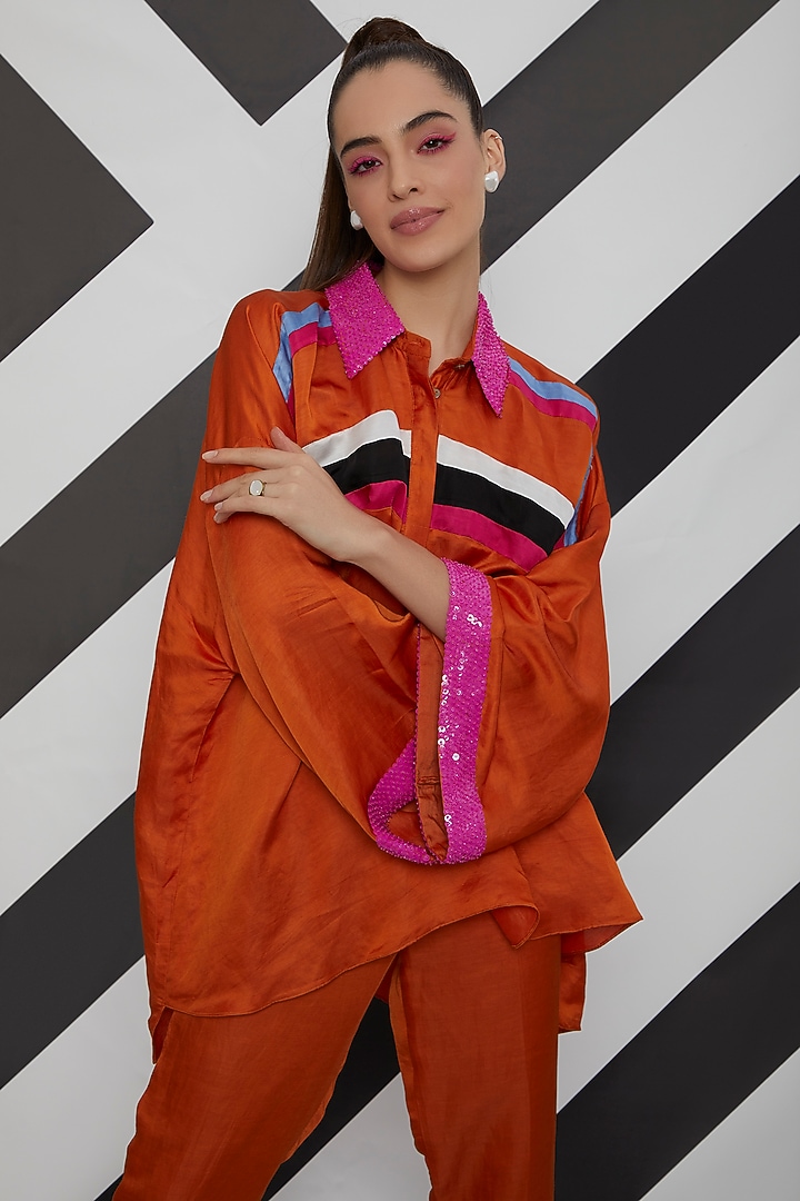 Orange Satin Linen Color-Blocked Co-Ord Set by Wendell Rodricks at Pernia's Pop Up Shop