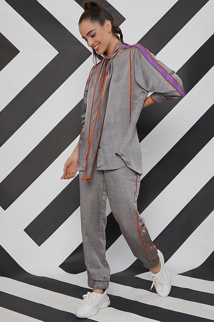 Grey Satin Linen Top by Wendell Rodricks at Pernia's Pop Up Shop