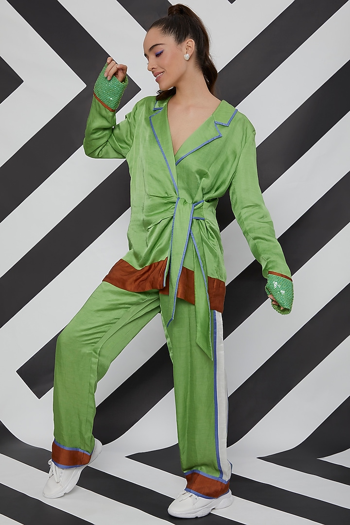 Mint Green Striped Co-Ord Set by Wendell Rodricks at Pernia's Pop Up Shop