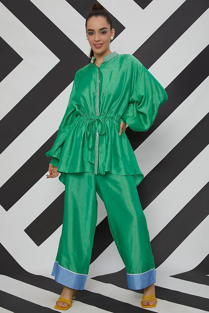 Emerald Green Satin Linen Gathered Top by Wendell Rodricks at Pernia's Pop Up Shop