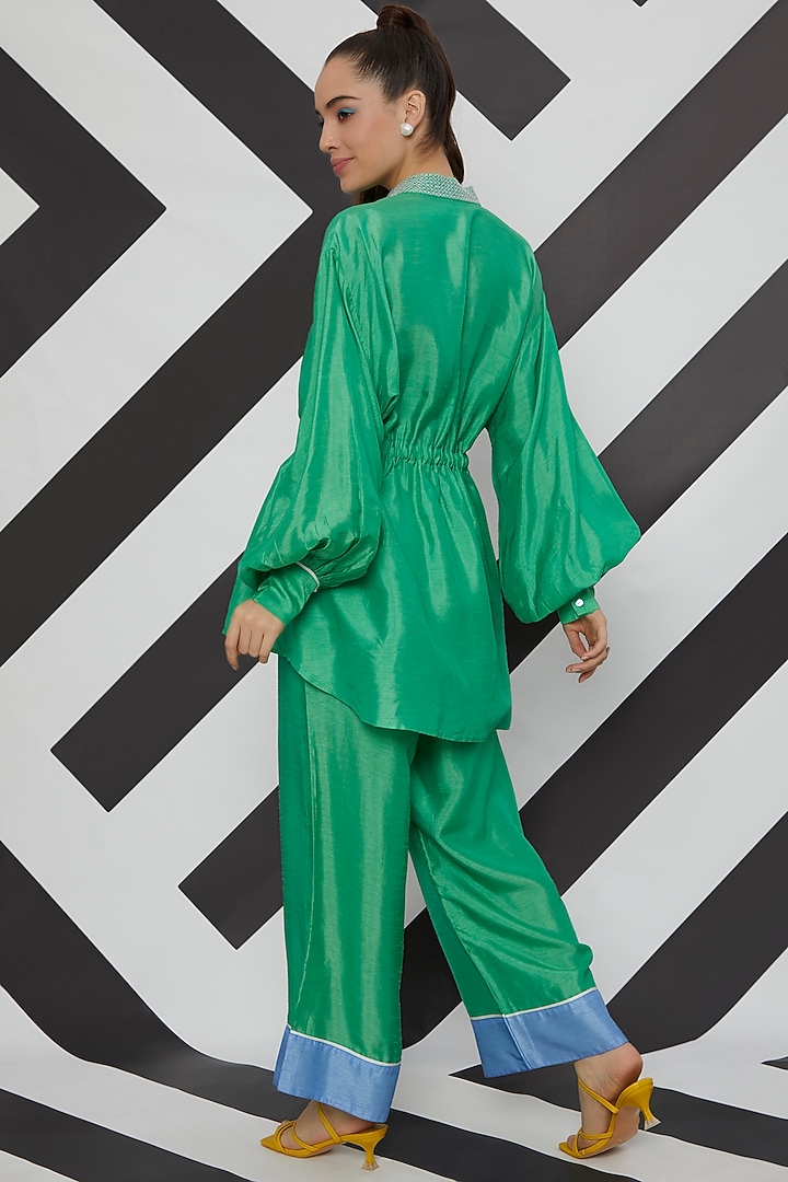 Emerald Green Satin Linen Gathered Top by Wendell Rodricks at Pernia's Pop Up Shop