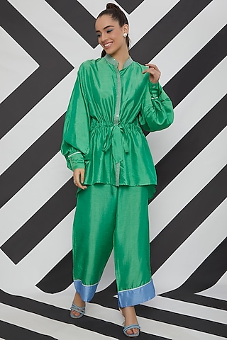Emerald Green Satin Linen Gathered Top by Wendell Rodricks