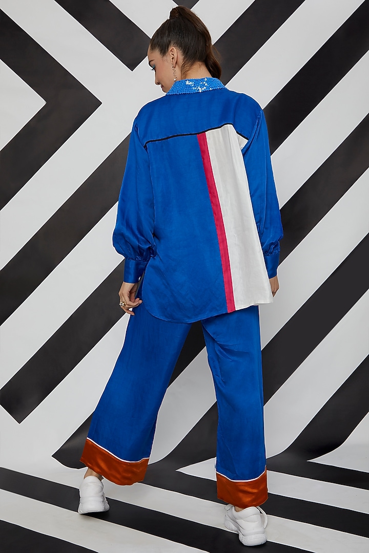 Cobalt Blue Striped Patchwork Shirt by Wendell Rodricks at Pernia's Pop Up Shop