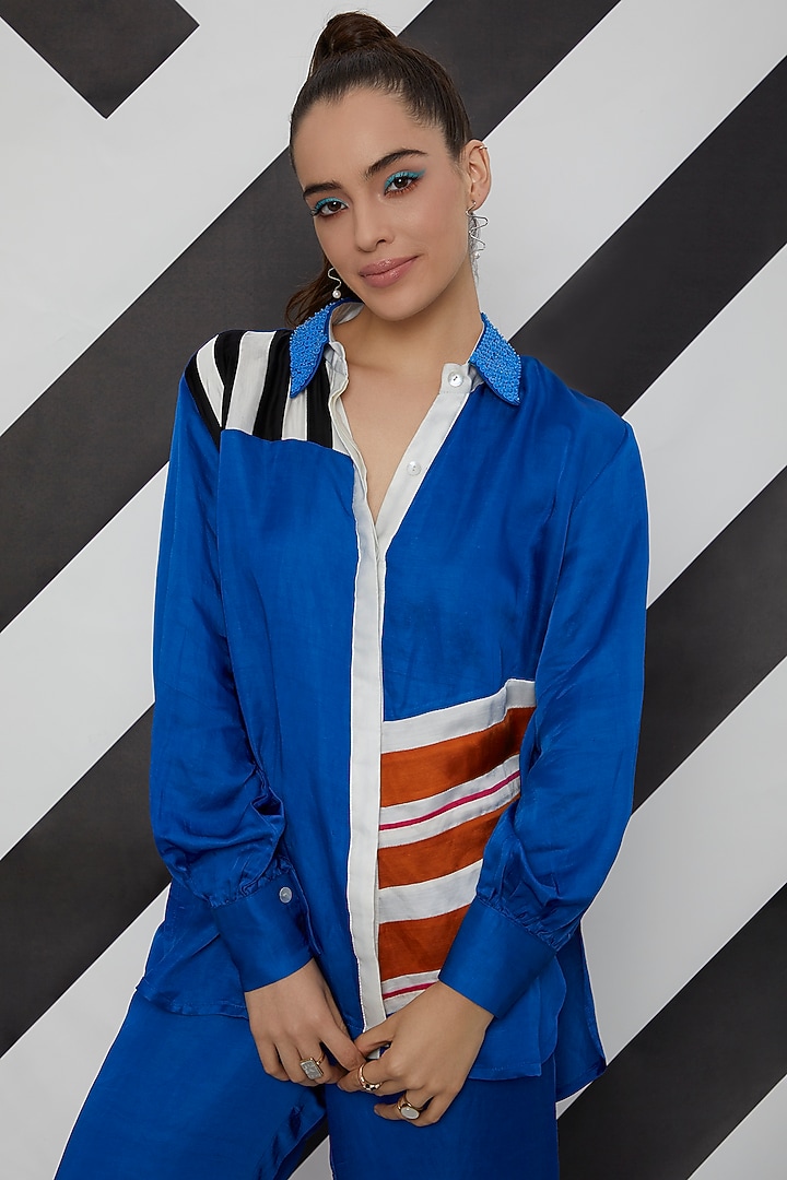 Cobalt Blue Striped Patchwork Co-Ord Set by Wendell Rodricks at Pernia's Pop Up Shop