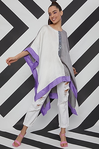 White & Grey High-Low Kaftan by Wendell Rodricks