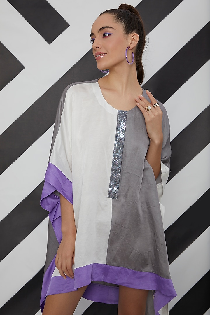 White & Grey High-Low Kaftan by Wendell Rodricks at Pernia's Pop Up Shop
