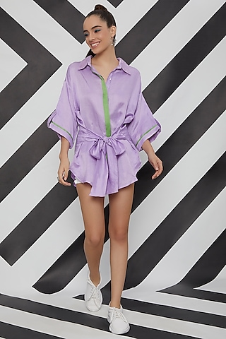Lavender Satin Linen Top With Belt by Wendell Rodricks