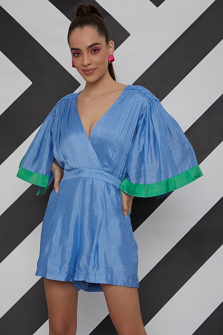Sky Blue Romper With Color Blocking by Wendell Rodricks