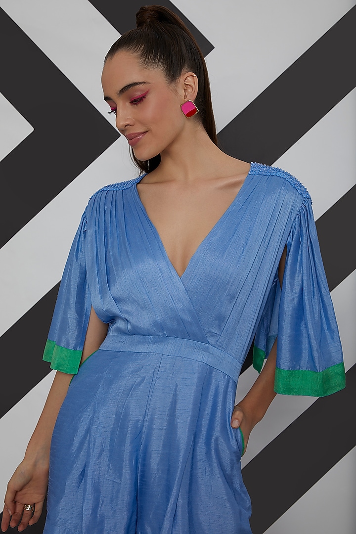 Sky Blue Romper With Color Blocking by Wendell Rodricks at Pernia's Pop Up Shop