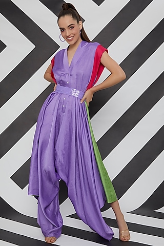 Mauve & Fuchsia Satin Jumpsuit With Belt by Wendell Rodricks