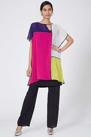 Multi Colored Silk Georgette Mondrian Overlay Top by Wendell Rodricks