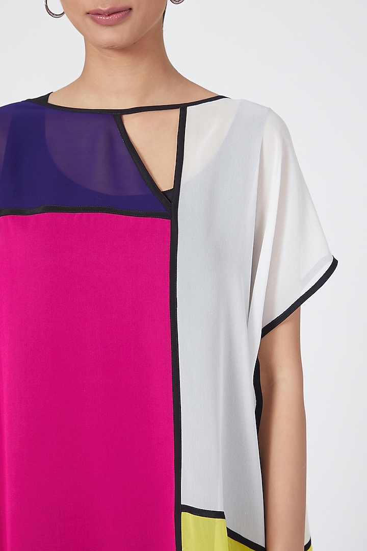 Multi Colored Silk Georgette Mondrian Overlay Top by Wendell Rodricks at Pernia's Pop Up Shop