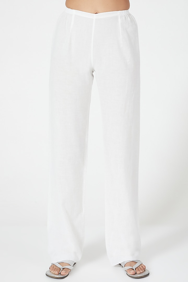 White Straight Cut Linen Pants by Wendell Rodricks at Pernia's Pop Up Shop