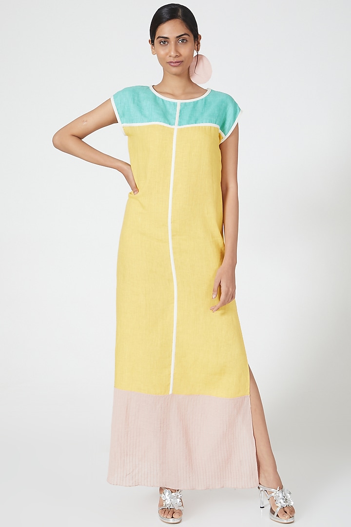 Yellow Maxi Dress With Color Blocking by Wendell Rodricks at Pernia's Pop Up Shop