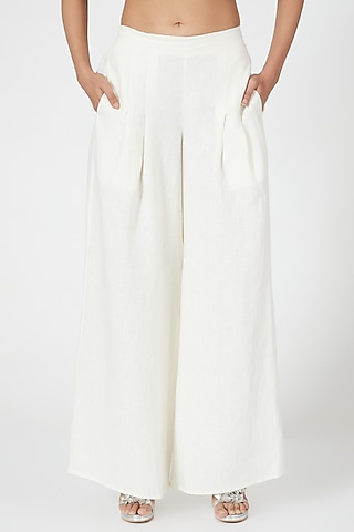 Ivory Linen Wide Legged Palazzo Pants by Wendell Rodricks