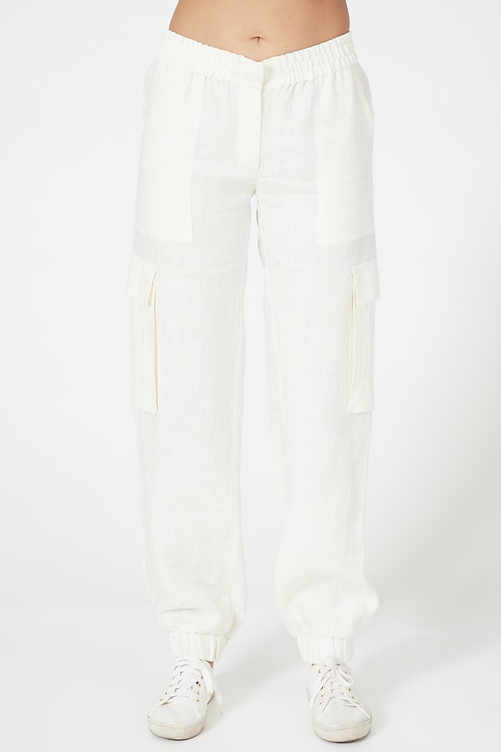 Ivory Linen Cargo Pants Design by Wendell Rodricks at Pernia's Pop