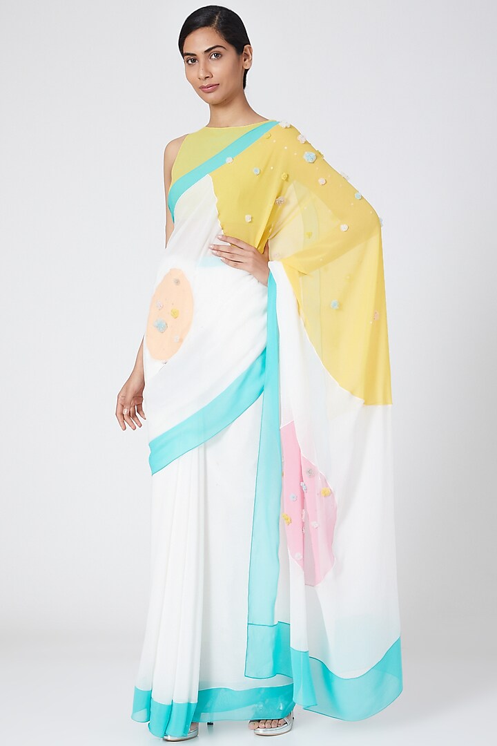 Multi Colored Pastel Embroidered Saree by Wendell Rodricks