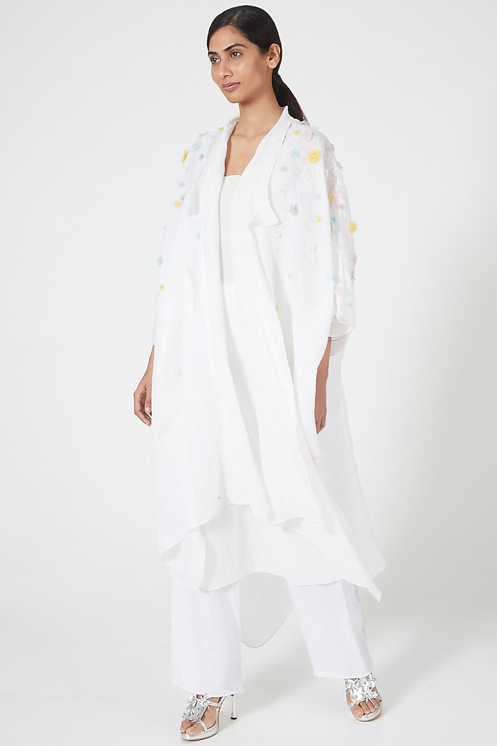 Ivory Embroidered Asymmetrical Cape by Wendell Rodricks