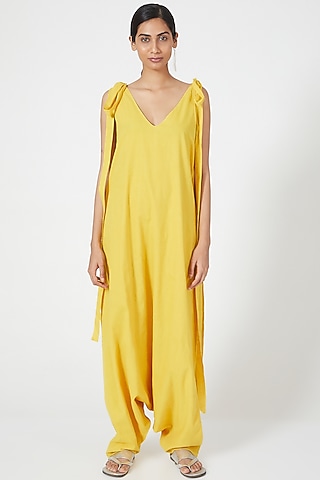 Yellow Cowl Draped Jumpsuit by Wendell Rodricks