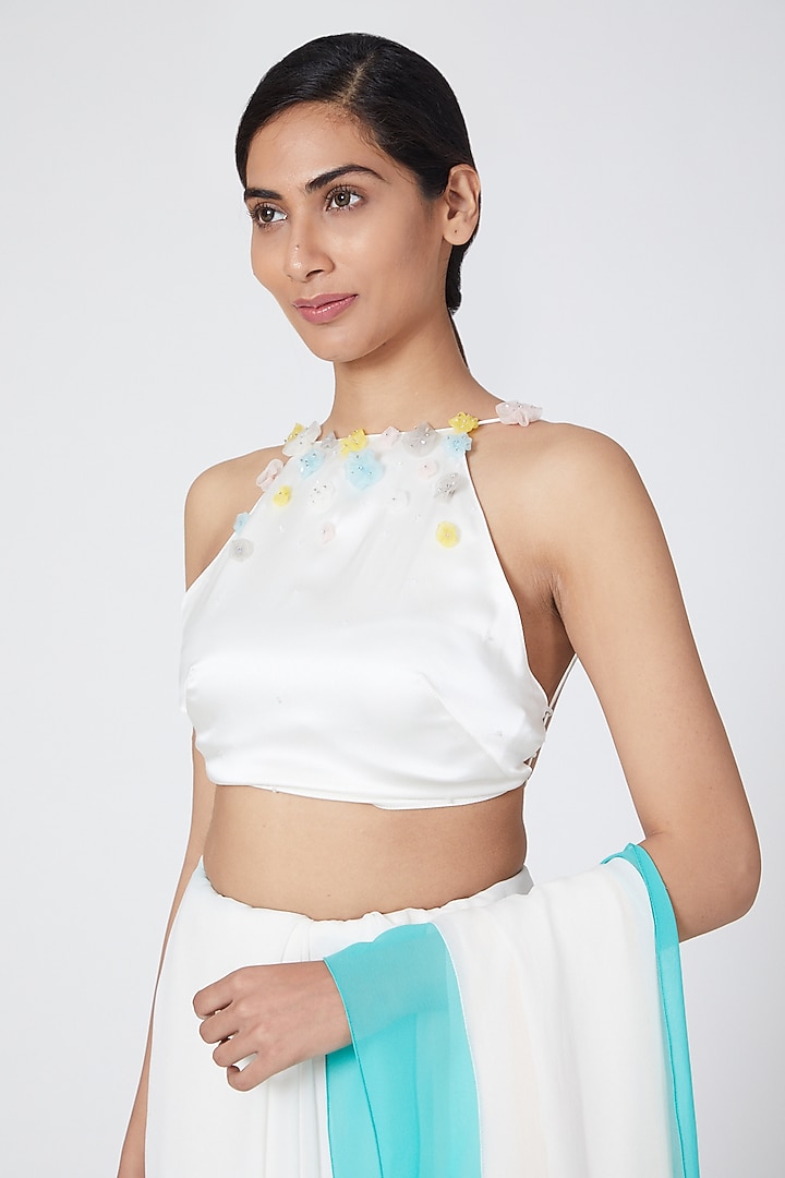 Off White Floral Embroidered Halter Blouse by Wendell Rodricks at Pernia's Pop Up Shop