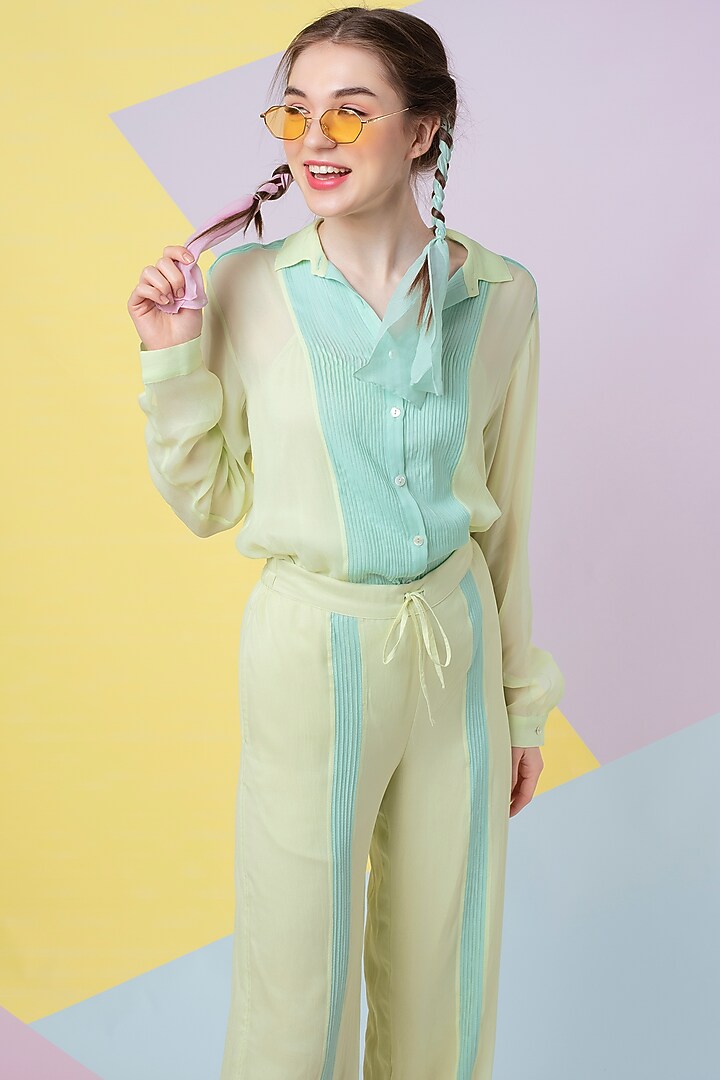 Lettuce Green Pintuck Pant Set by Wendell Rodricks at Pernia's Pop Up Shop