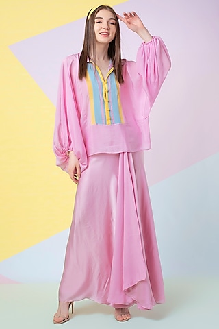Lavender Pintuck Draped Skirt Set by Wendell Rodricks
